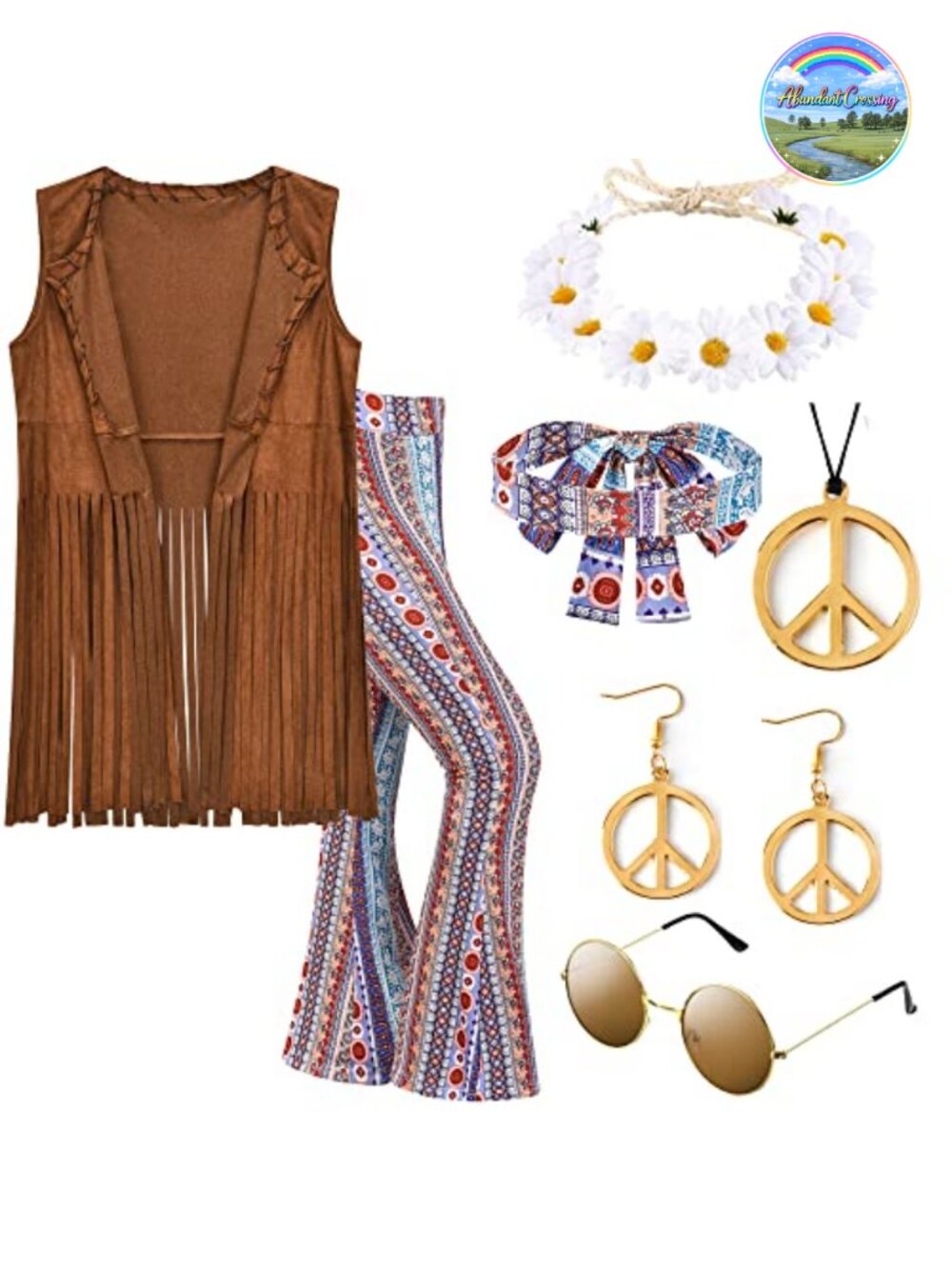 Womens 70s Hippie Costume 7 Piece Faux Suede Fringe Vest Bell Bottom Pants